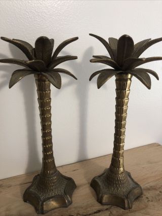 Vintage Brass Candlesticks Pair Palm Tree Taper Candle Holders