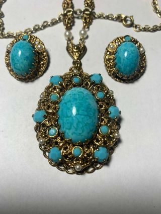 Vtg W.  Germany Robin Egg Turquoise Pearl Filigree Pendant Necklace Earring Set