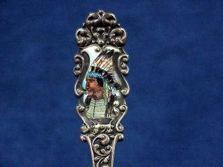 Antique Native American Indian Chief Enameled Sterling Silver Souvenir Spoon