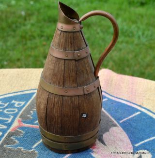 Rare Old French Antique Copper And Wooden Wine/cider Jug Pitcher