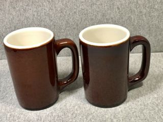 Set Of 2 - Vintage Hall 1318 Restaurant D Handle Brown Coffee Mugs.  Made In Usa