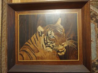 Vintage Marquetry Hand Crafted Exotic Wood Inlayed Tiger Wall Art