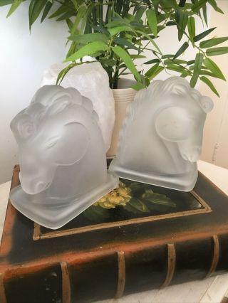 French ? Art Deco Frosted Glass Bookends Horse Large No Damage 6 Inch Tall