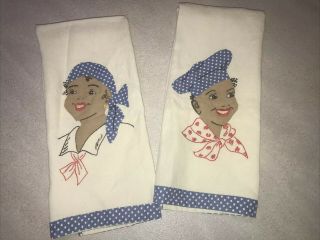 2 Vintage Black Americana Kitchen Dish Towels AppliquÉ & Embroidery