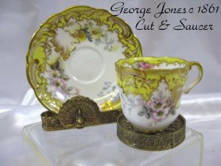 Cup & Saucer Hd Painted George Jones Demitasse Sz Yellow & Gold On White 5 " Rd.