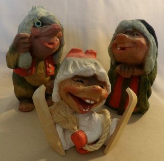 Vintage Norway Henning Hand Carved Troll Family Old Woman,  One Eyed Man & Baby