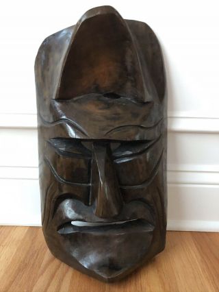 Vintage 1970s Hand Carved African Tiki Tribal Wood Mask Large Wall Art Wooden