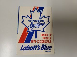 Rs20 Windsor Spitfires 1971/72 Minor Hockey Pocket Schedule - Labatt 