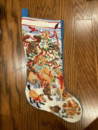 Vtg Bucilla Blue Felt Stocking W/ Animals Decorating A Tree Forest Completed