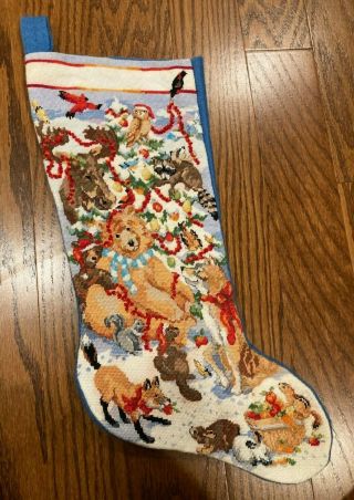 Vtg Bucilla blue felt stocking w/ animals decorating a tree forest completed 3