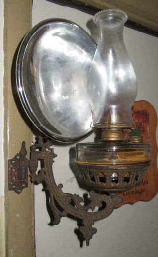 Antique Cast Bracket Lamp W/ Font,  Chimney,  & Merecury Glass Reflector