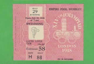 1948 London Olympics Ticket Swimming Wembley July 29th