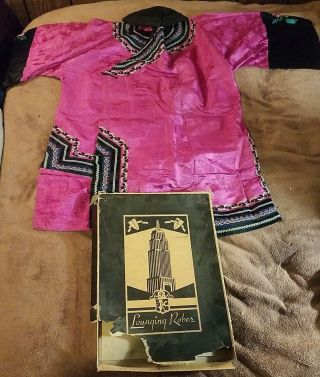 Rare Antique Vintage Chinese Pink Embroidered Silk Lounge Lounging Robe Hat &box