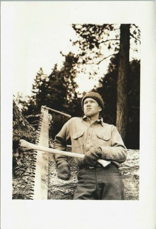 Vintage Photo Snapshot Handsome Rugged Man Lumberjack Leaning Tree Saw Gay Int