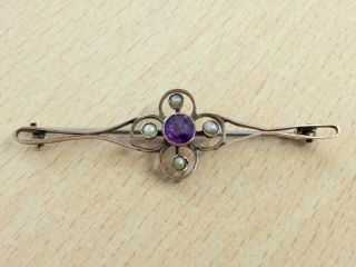 Antique Art Nouveau 9ct Rose Gold Amethyst & Seed Pearl Brooch Pin 1910