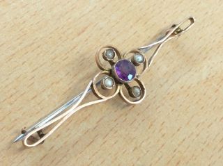 ANTIQUE ART NOUVEAU 9CT ROSE GOLD AMETHYST & SEED PEARL BROOCH PIN 1910 2