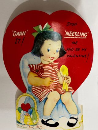 Vintage Die Cut 1960’s Valentine Greeting Card Girl Sewing Knitting Yarn Red