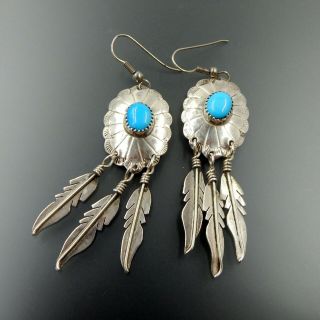 Vintage Navajo Sterling Silver American Turquoise Stamped Floral Feathe Earrings