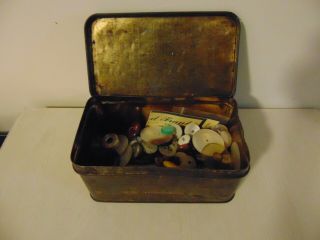 Vintage Tin Can Tea Collector Old With Buttons Box Bowl 3 1/2 X3x6