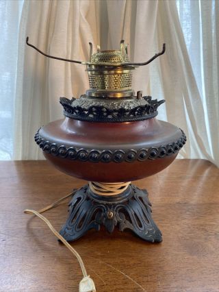 B&h Bradley & Hubbard Antique Oil Lamp Converted To Electric Red Black Brass 12”