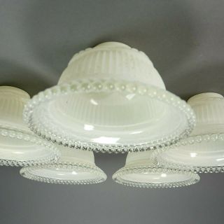Set Of 5 Antique White Milk Glass With Clear Beaded Edge Chandelier Shades