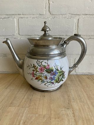 Antique Graniteware Pewter Trimmed Teapot / Coffee Pot With Flowers