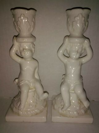 Vintage White Ceramic Cherub 6.  5 " Candle Holders Andrea Sadek 1 Repaired