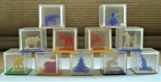 11 Vintage Child Clear Toy Blocks With Animals Trees Rattles