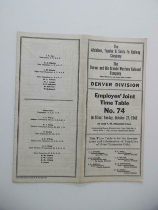 1940 Santa Fe And Denver Rio Grande Western Joint Employee Timetable No 74 Atsf