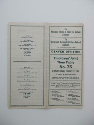 1941 Santa Fe And Denver Rio Grande Western Joint Employee Timetable No 75 Atsf