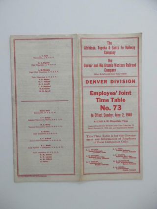1940 Santa Fe And Denver Rio Grande Western Joint Employee Timetable No 73 Atsf