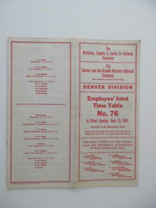 1941 Santa Fe And Denver Rio Grande Western Joint Employee Timetable No 76 Atsf
