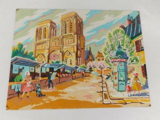 Vtg Completed 12 " X 16 " Paint - By - Number Paris France Street Scene Church,  Poodle