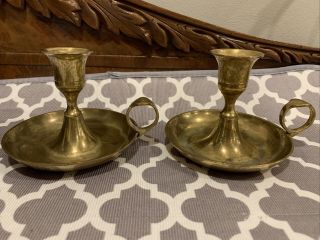 Vintage Brass Candle Holders With Finger Loop And Drip Tray
