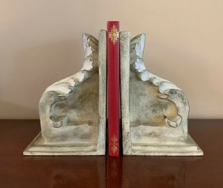 Vintage Pair Book Ends Cream & Gold Distressed Resin Decorative Floral & Scroll