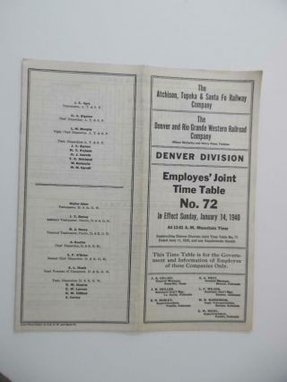 1940 Santa Fe And Denver Rio Grande Western Joint Employee Timetable No 72 Atsf