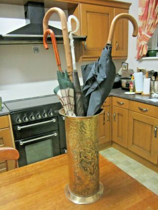 Old Antique Edwardian Style Embossed Brass Medieval Scene Umbrella Stick Stand