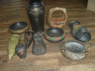 10 Vintage 1929 Wall Vases Bowls Tokanabe Tokaname Pottery Hand Painted Japan