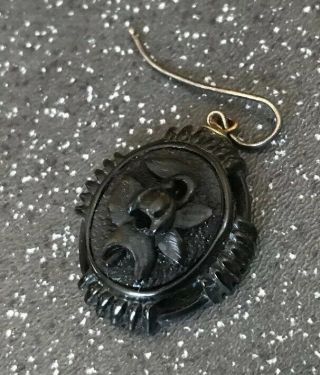 Antique Victorian Carved Flower Whitby Jet Mourning Pendant Single Earring