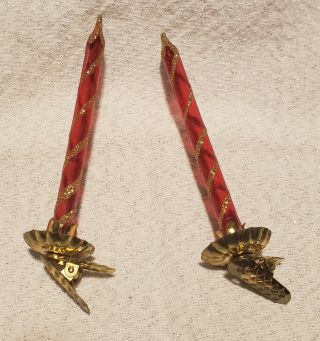 Vintage Set Of 2 Red Italian Glass Candle Clip - On Ornaments Gold Glitter Stripes