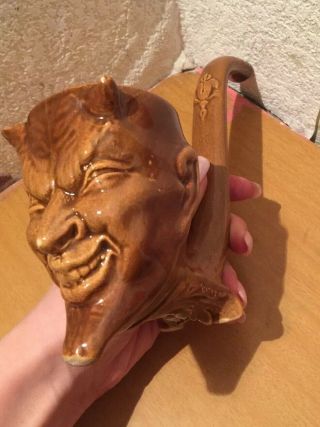 Rare Antique Soviet Ashtray,  Ceramic Devil,  Vtg Russian Demon Smoking Pipes Old