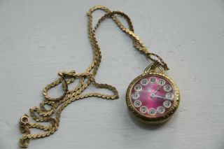 Vintage Lucerne Lady Pocket Watch Pendant Swiss Wind Gold Pink Purple Face