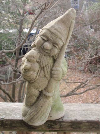 Antique Cement Lawn Ornament Statue Elf Gnome Carrying A Duck 11.  25 Inches