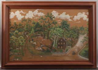 Lrg Antique Early 20thC American Home & Motorcycle Folk Art Watercolor Painting 2