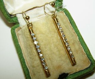 Unusual,  Long,  Antique Art Deco 9 Ct Gold Earrings With Old Cut Paste Gems