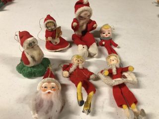 7 Vintage Japan Christmas Spun Cotton Felt & Chenille Santa Skater Ornaments