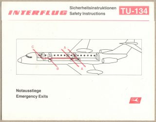 Safety Card Interflug Airlines Tupolev Tu - 134