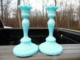 2 Antique Portieux Vallerysthal Blue Opaline Glass Candlesticks Chimeres Pattern