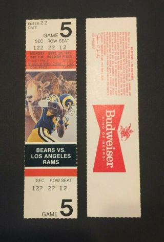 Vintage 1981 Los Angeles Rams @ Chicago Bears Full Mnf Home Game Ticket Payton