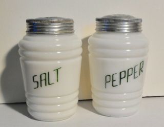 Vintage White Milk Glass Salt & Pepper Shakers Ribbed Bee Hive Green Lettering